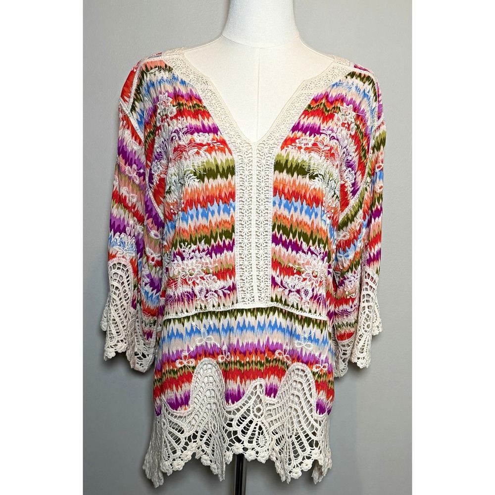 Democracy Multicolor V-Neck 3/4 Sleeve Crochet Lace Tunic Blouse Women M Boho